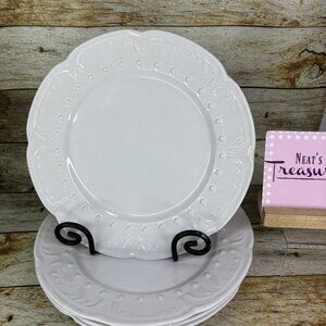 Elegant Dining CANDICE COLLECTION White Emboss Dot Stoneware Dinner Plates Set 4